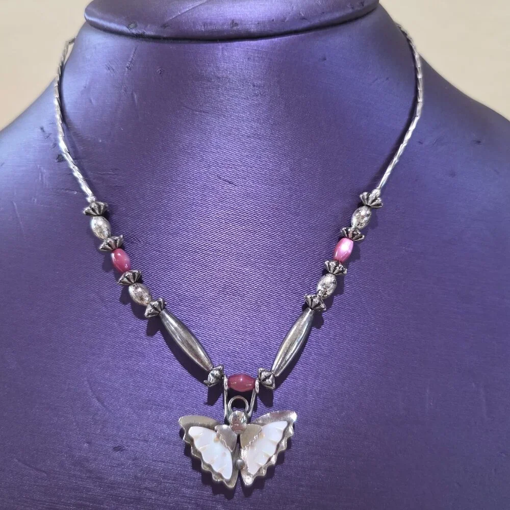 1980's Soutwestern Handmade MOP Butterfly Pendant Pink Silver Beaded Necklace